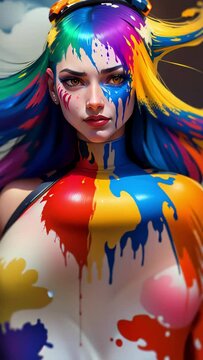 portrait of a beautiful woman wearing a long luxury colourful dress, dancing in colourful paint splashes, thick clouds out of paint rolling, paint splashes, colourful
