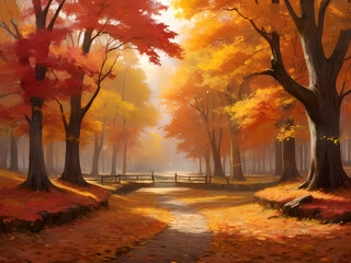 Naklejka na ściany i meble Vibrant Autumn Landscape with Sunlit Yellow Trees. Nature's Palette Unveils a Spectacular Foliage Symphony, A Captivating Autumnal Vision.