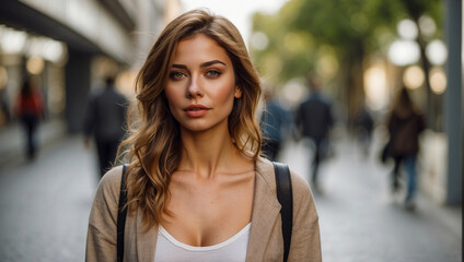 portrait of a young woman walking in the street