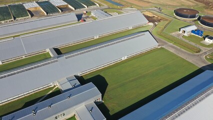 A complex of long, huge metal sheds with sloping roofs for housing and milking herds of cows. A...