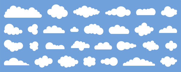 White cloud collection. Abstract cloud shape in flat style on blue sky.  Set of cartoon cloud icon symbols design. Vector illustration for website, logo, web banner, sticker and any design