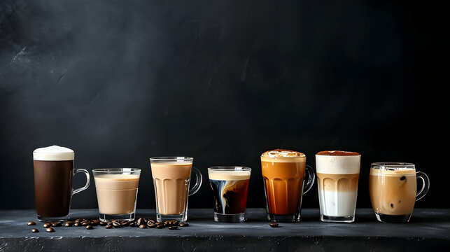 Selection of coffee beverages, garnished and ready to enjoy.