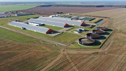 An aerial drone view of a huge dairy farm in Europe housing cows and calves. The farm area surrounded by agricultural fields, forests, lakes. Buildings on farm: cowsheds, feed storage, milking parlor