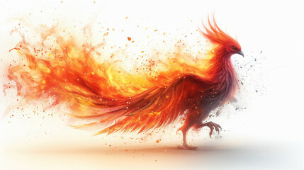 Phoenix on fire isolated on white background, bird burning
