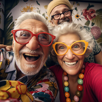 Old man and elderly woman selfie get party with colorf cloths Old People Smiling So Happy Senior happy friends have fun taking selfie on vacation Active retired elderly insurance concept