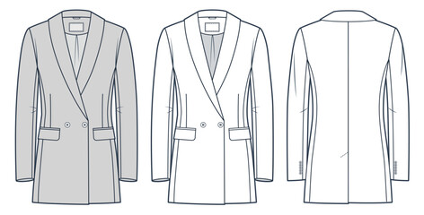 Shawl collar Blazer technical fashion illustration. Double Breasted classic Jacket fashion flat technical drawing template, front and back view, white, grey, women, men, unisex CAD mockup set.