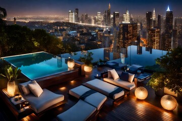 A glamorous rooftop pool with panoramic city views, comfortable lounge chairs, and a cascading...
