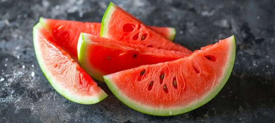 Macro close up of fresh and juicy watermelon wedges arranged in a top view perspective