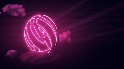 business icon with pink neon effect and empty space for copy or message, dark wall  backdrop with clouds