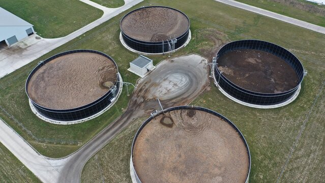 Huge cisterns, collectors, tanks to collect manure and farm waste (cows, rams, bulls, goats, pigs). Ecological processing of manure for biologically pure fertilizers for fields and crops.