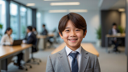 portrait of a young Japanese kid in grey suit, smiling