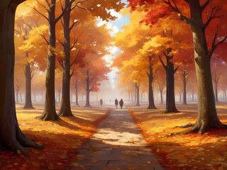 Vibrant Autumn Landscape with Sunlit Yellow Trees. Nature's Palette Unveils a Spectacular Foliage Symphony, A Captivating Autumnal Vision.