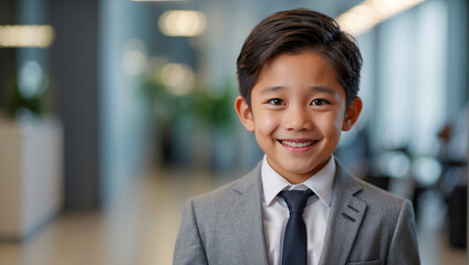 portrait of a young Japanese kid in grey suit, smiling