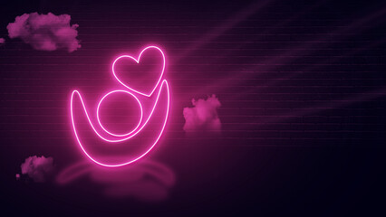 medical heart and people icon pink neon effect and empty space for copy or message, dark wall  backdrop with clouds