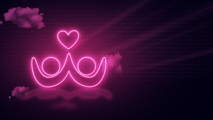 medical heart and peoples icon pink neon effect and empty space for copy or message, dark wall  backdrop with clouds