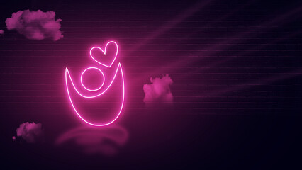 medical heart icon pink neon effect and empty space for copy or message, dark wall  backdrop with clouds