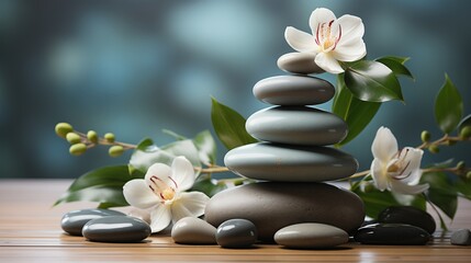 Obraz na płótnie Canvas Massage spa stones stacked on top of each other with orchid flowers. Meditation, relaxation, peace of mind concept, body treatment.