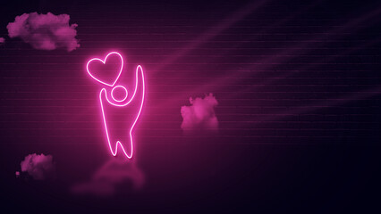 medical heart on people icon pink neon effect and empty space for copy or message, dark wall  backdrop with clouds