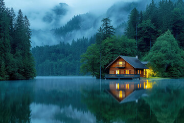 Illuminated Wooden house in the forest on a calm reflecting lake with the foggy mountains in the background at dusk