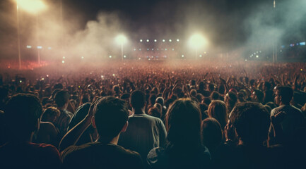 Concert crowd attending a concert, people silhouettes are visible, backlit by stage lights. Raised...
