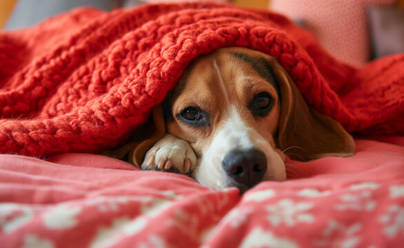 Cozy Companion: Beagle Dog Under Knitted Red Blanket