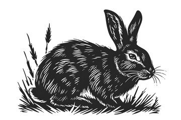 Cartoon bunny in a minimal linocut style , black and white, isolated on white background