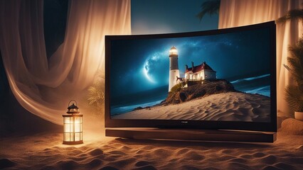 highly intricately detailed photograph of  Lighthouse at night at sea inside a plasma tv surrounded  by a tent on the beach 