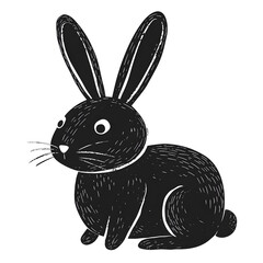 Cartoon bunny in a minimal linocut style , black and white, isolated on white background