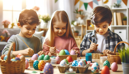Cute little children painting eggs, Easter family home celebrating concept
