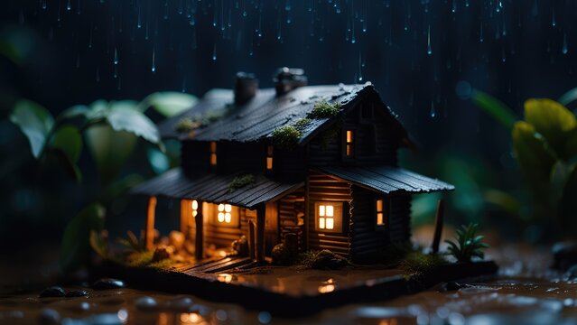 Miniature house in the rain with green plants on the roof. Petite Maison in the jungle with dark background