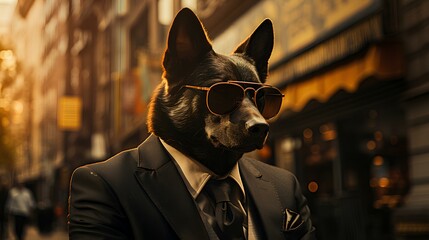 A wolf wearing a business suit with a tie and sunglasses near big skyscrapers. Generative AI.