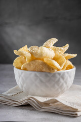 Bacon snack. Pile of bacon chips.