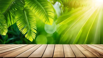 Foto op Canvas generative ai soft bokeh natural green background, tropical plants refreshing and healthy concept. there are wooden boards © Endriyana