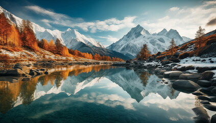 Hyper Realistic painting of Lake and mountains reflection in water, Stunning winter landscape, A serene mountain lake mirroring the snow-capped peaks.  Stunning photo. Generated AI.