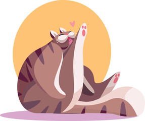 Happy cat stretching in sunlight, joyous feline playful pet pose. Content kitten expressing happiness, comfortable lying down.