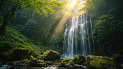 Beautiful waterfall in dense forest with sunlight filtering through the trees