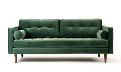 Soft empty dark green sofa stands on white isolated background. comfortable fabric couch is alone against the background of white wall. copy space