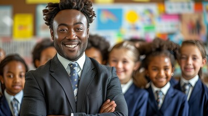 Smiling teacher with students in dynamic school class, fostering positive learning environment