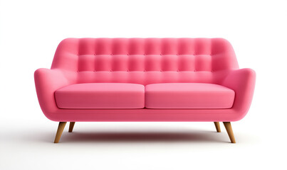 Soft empty pink sofa stands on white isolated background. comfortable fabric couch is alone against the background of white wall. copy space
