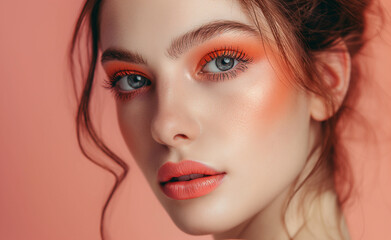 Fototapeta premium Peach Fuzz Glamour: Beauty with Trendsetting Makeup. Peach Fuzz color of the year 2024