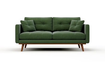 Fototapeta premium Soft empty dark green sofa stands on white isolated background. comfortable fabric couch is alone against the background of white wall. copy space