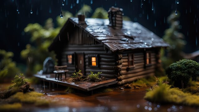 Miniature house in the rain with green plants on the roof. Petite Maison in the jungle with dark background