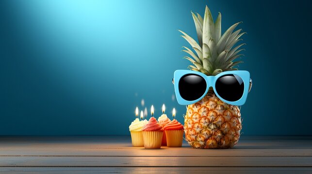Creative background with pineapple character in sunglasses copy space. Happy birthday background - Powered by Adobe