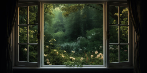 Open window overlooking a fairy forest. View Through Old Window. 