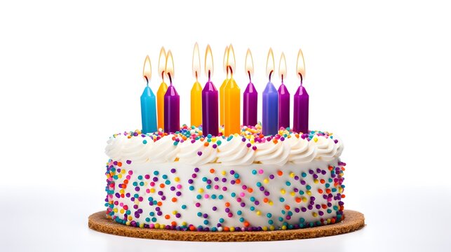 colorful birthday cake with candles. isolated on white background