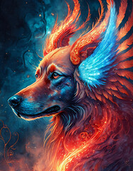 close up of mystic dog, like a phoenix, red and blue colors digital