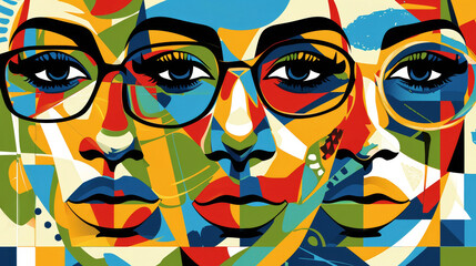 Bold and colorful digital art piece featuring a composite of faces with geometric abstraction and cubist influence.