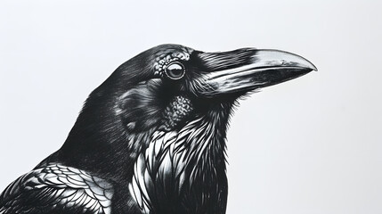 Close-up drawing of raven head isolated on a white background
