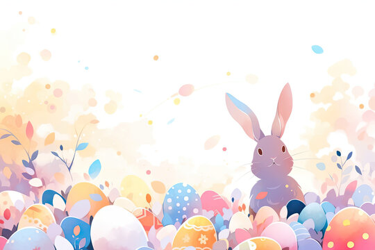 Bunny Sitting in a Field of Painted Eggs