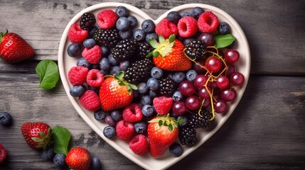 Top view of heart shaped bowl full of of fresh ripe berry mix on worn wooden table